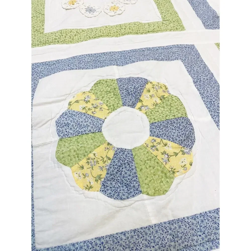 Handmade Full Size Blue Yellow Green Floral Quilt Scallop Doily Reversible